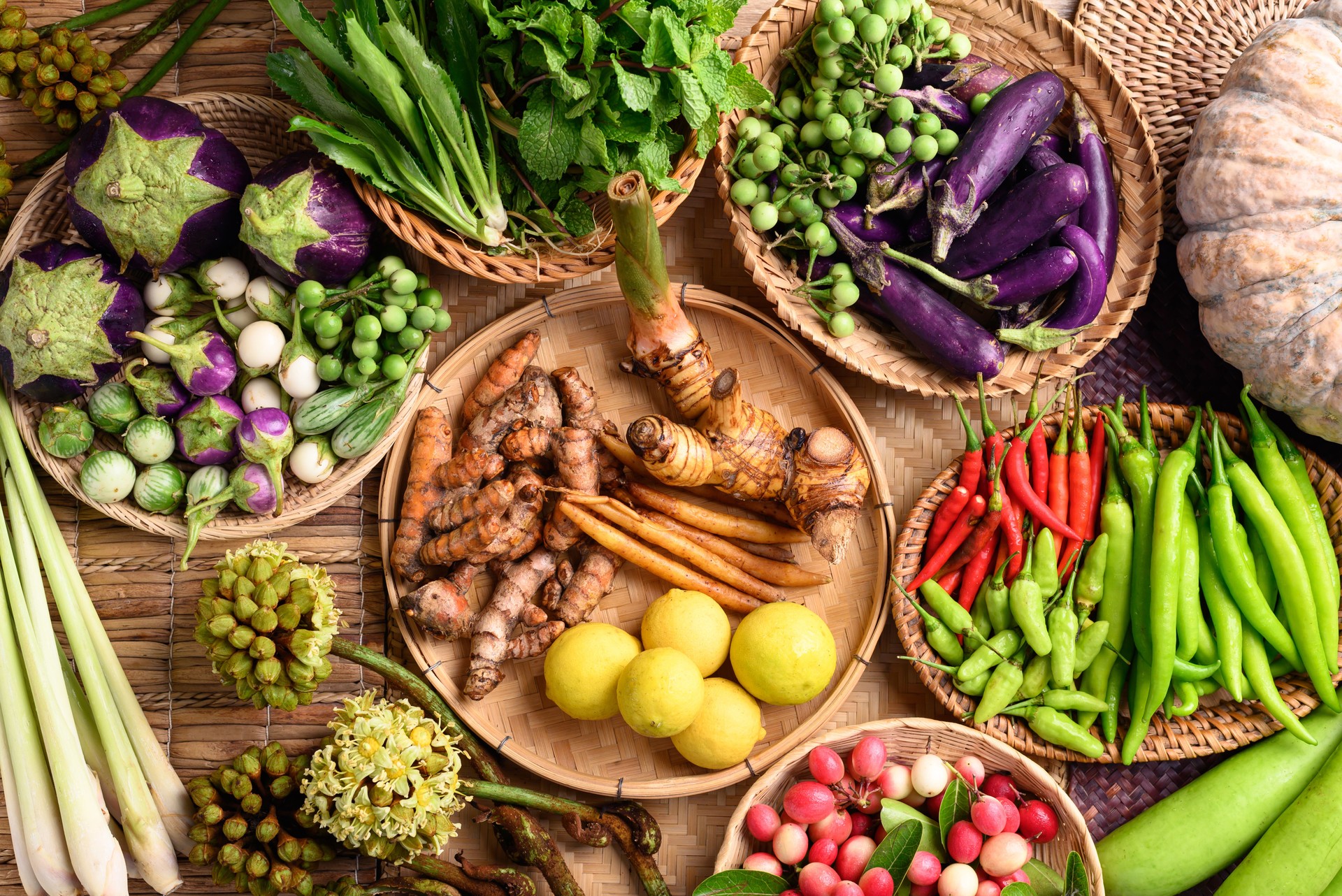 Organic Southeast Asian vegetables and spices from local farmer market in Thailand
